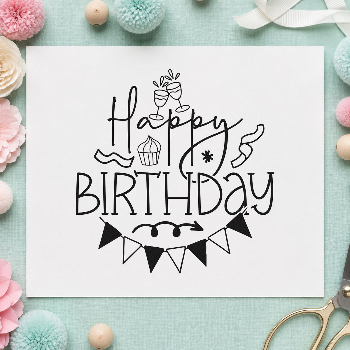 Happy Birthday Cupcake Bunting craft stamp in black ink on cardstock, an easy option for group year album page.