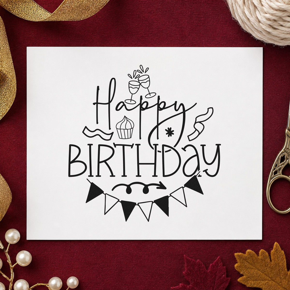 Happy Birthday Cupcake Bunting craft stamp imprint in black ink on a handmade project, one idea being book gift tags.