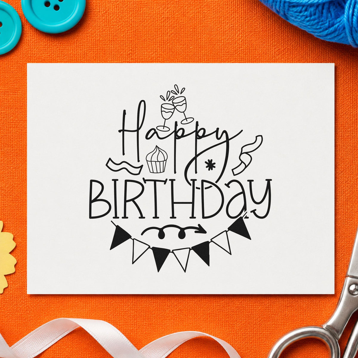 Happy Birthday Cupcake Bunting rubber stamp printed in black ink, ready for member date sheet and similar paper crafts.