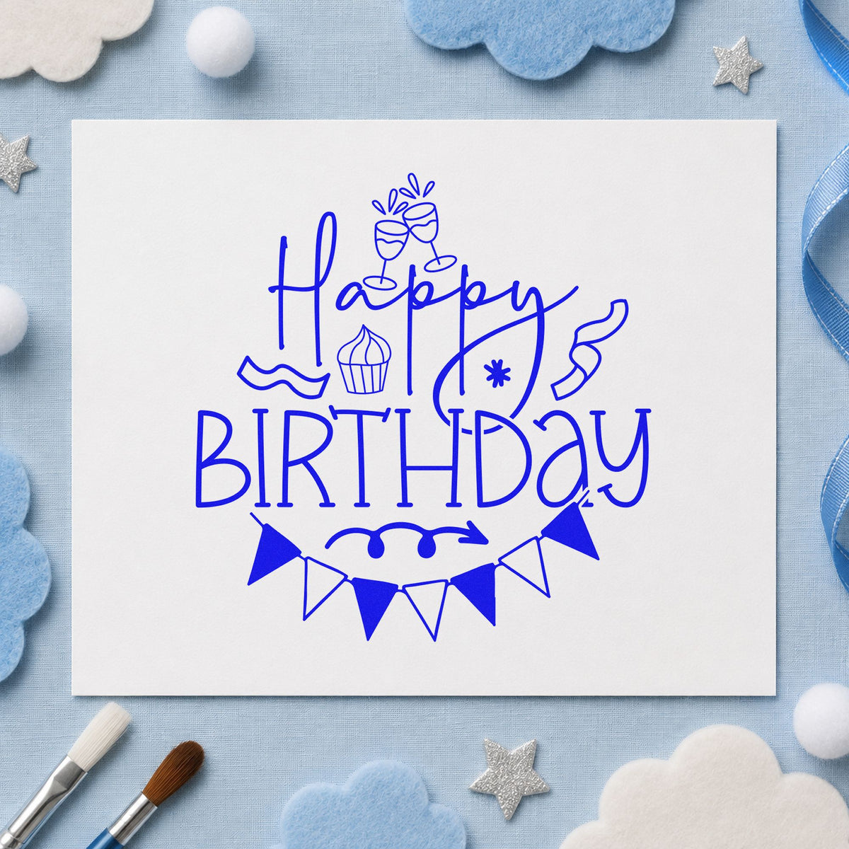 Happy Birthday Cupcake Bunting craft stamp in blue ink on cardstock, an easy option for table cloth printing.