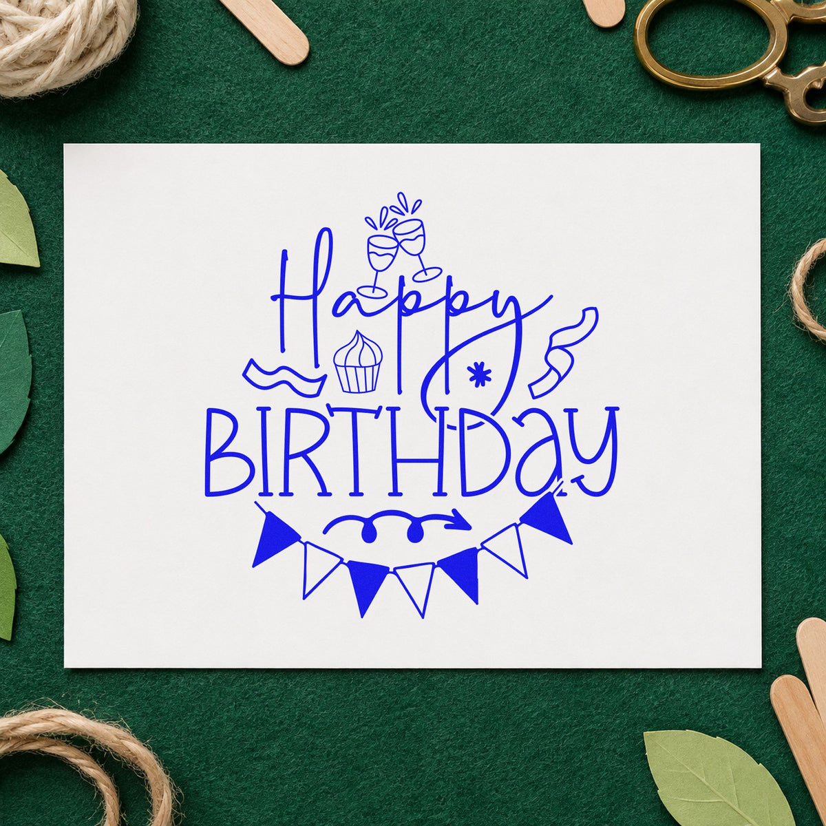 Happy Birthday Cupcake Bunting craft stamp imprinted in blue ink on paper, a design suited to framed host corner.
