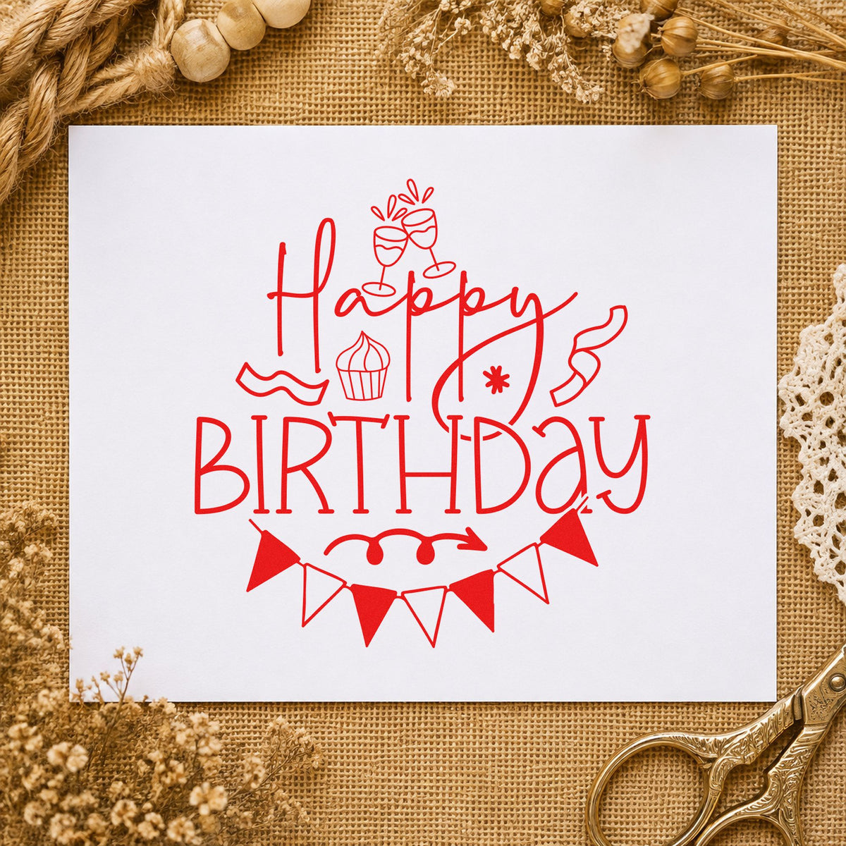 Happy Birthday Cupcake Bunting rubber stamp shown in red ink, stamped for projects such as shelf month labels.