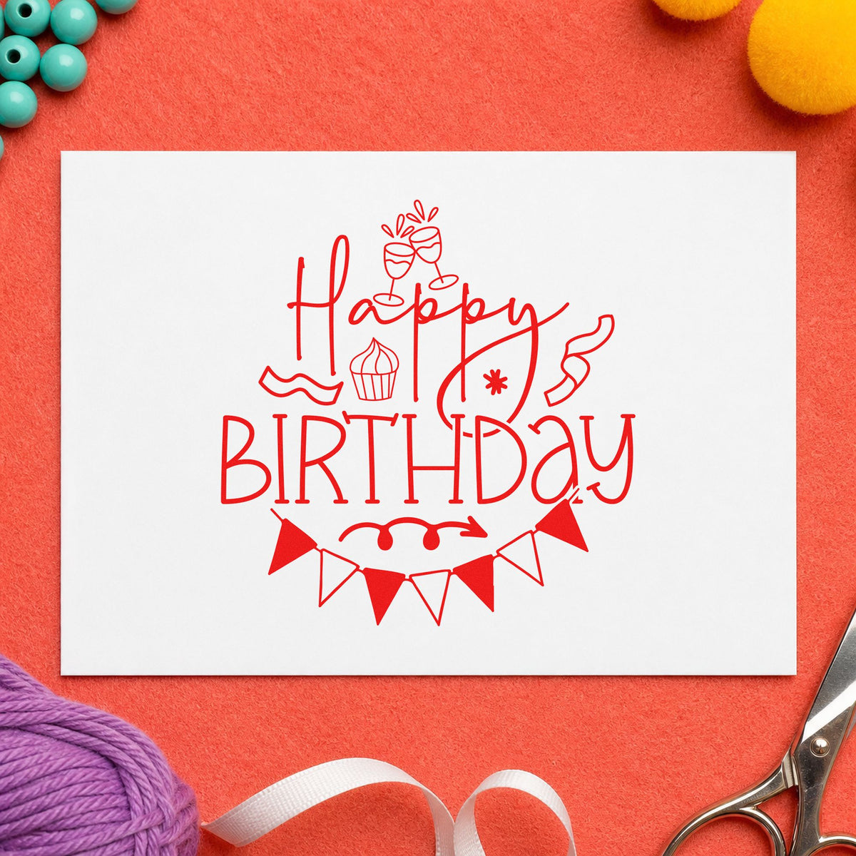 Happy Birthday Cupcake Bunting craft stamp imprint in red ink on a handmade project, one idea being group sign cards.