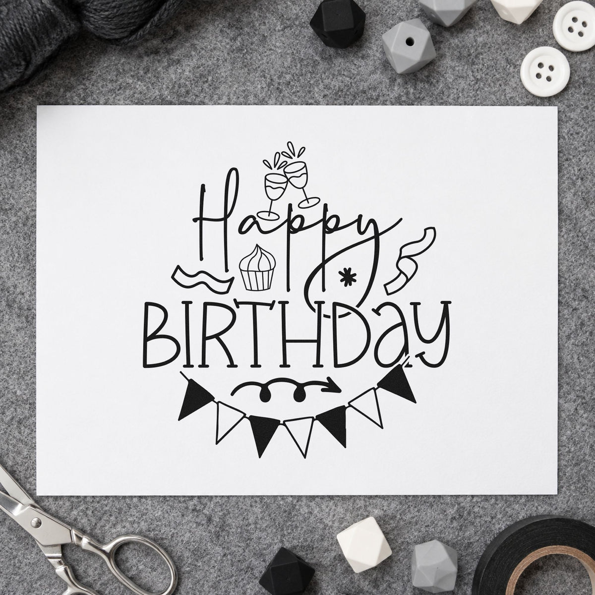 Happy Birthday Cupcake Bunting rubber stamp printed in black ink, ready for toasting glass cards and similar paper crafts.