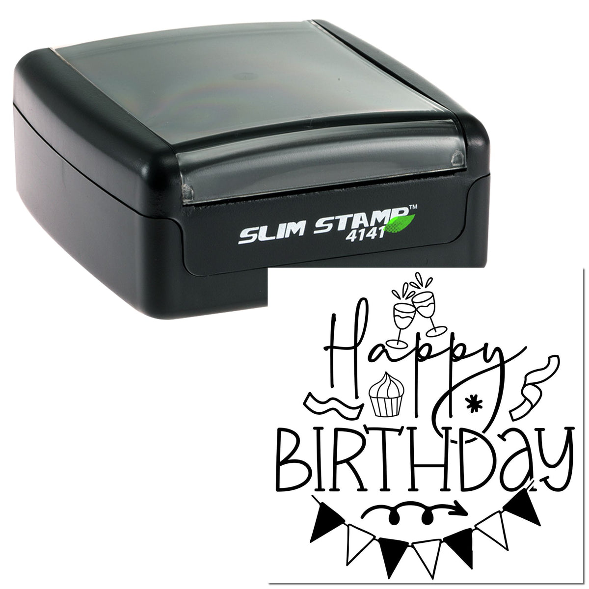 Black Slim Stamp 4141 self-inking stamp with clear birthday seal impression and party icons on white background.