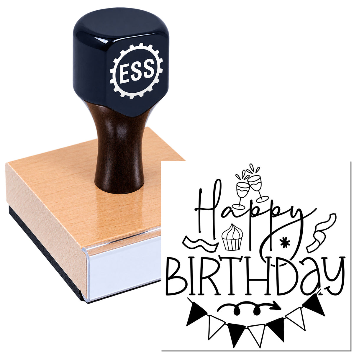 Black ESS custom rubber stamp on pink sealing block, with a "Happy Birthday" seal and party icons.