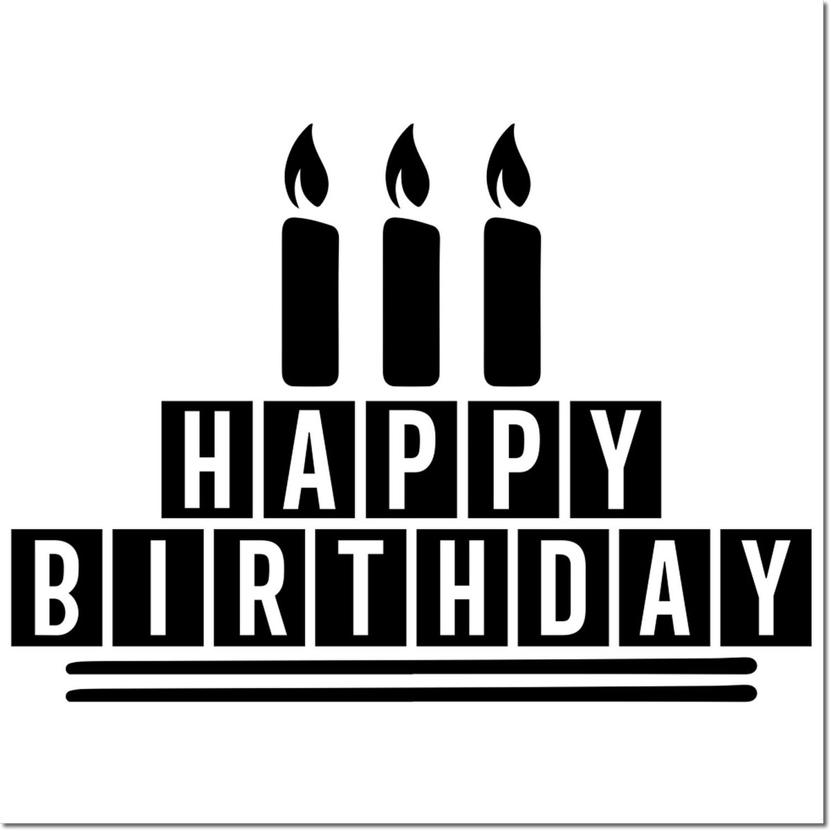 Black Happy Birthday stamp and seal design with three candles, bold lettering, and white background.