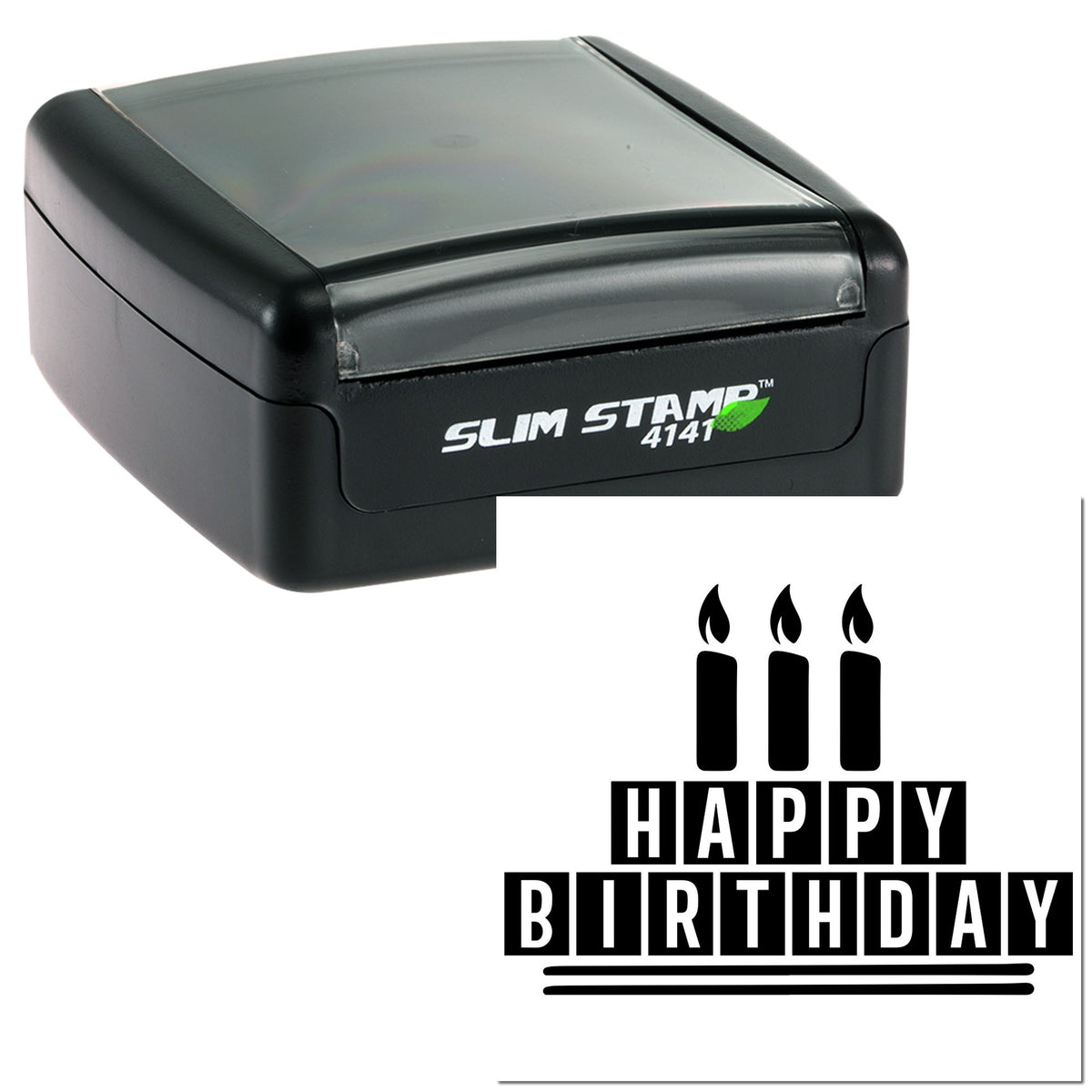 Black Slim Stamp 4141 self-inking stamp and Happy Birthday seal with candle icons on white background.