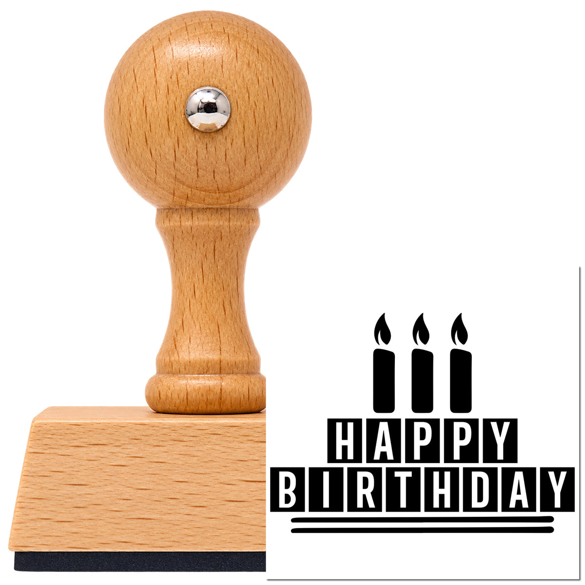 Vintage Pro beech wood stamp with a round knob handle, shown with its black Birthday Three-Candle Block Lettering imprint on white.