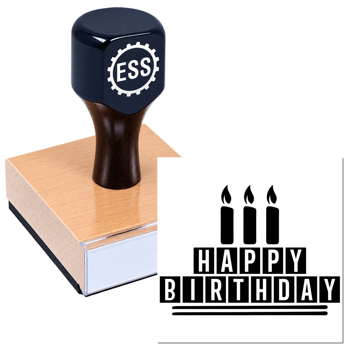 Black ESS rubber stamp on wooden block with Happy Birthday seal design and candle icons