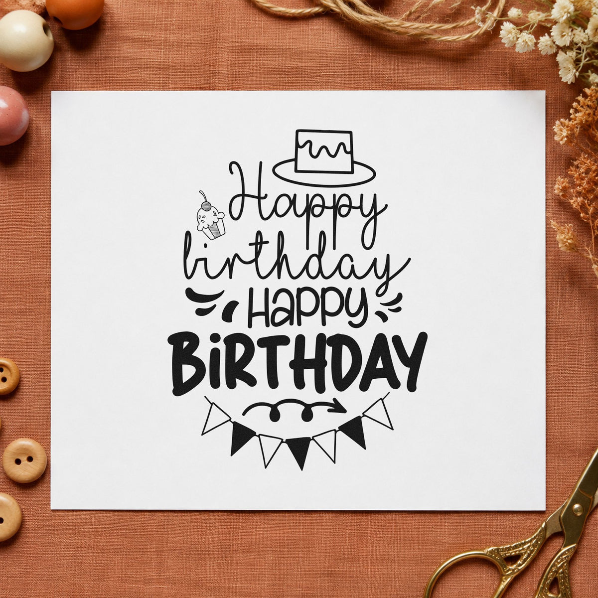 Repeated Birthday Cake Bunting craft stamp in black ink on cardstock, an easy option for event album page.