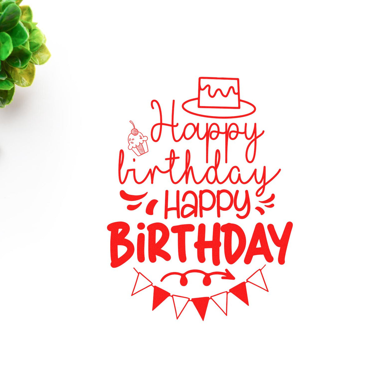Red Happy Birthday stamp and seal design with cake icon, cupcake, and bunting on a white background.