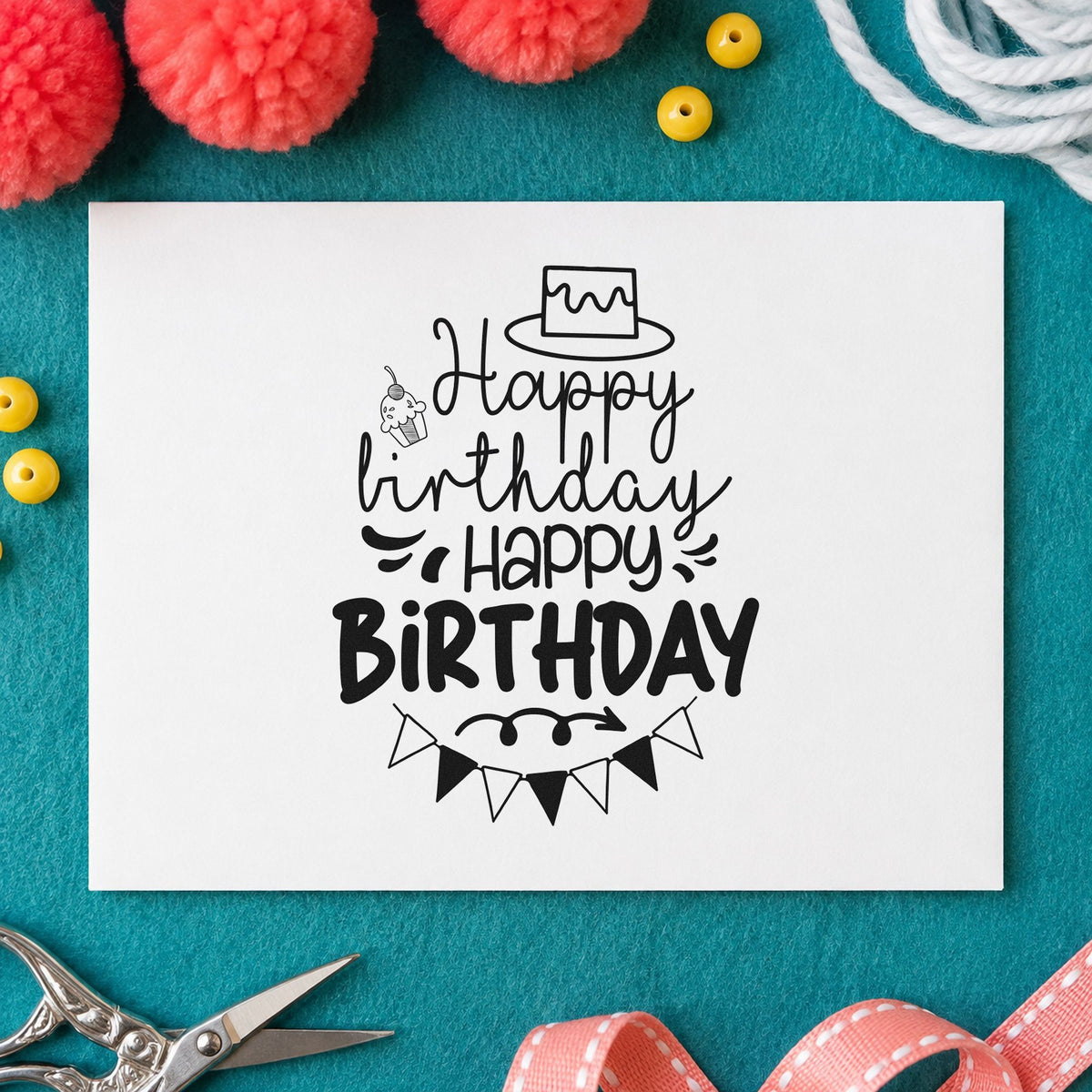 Repeated Birthday Cake Bunting craft stamp imprint in black ink on a handmade project, one idea being print strip gift tags.