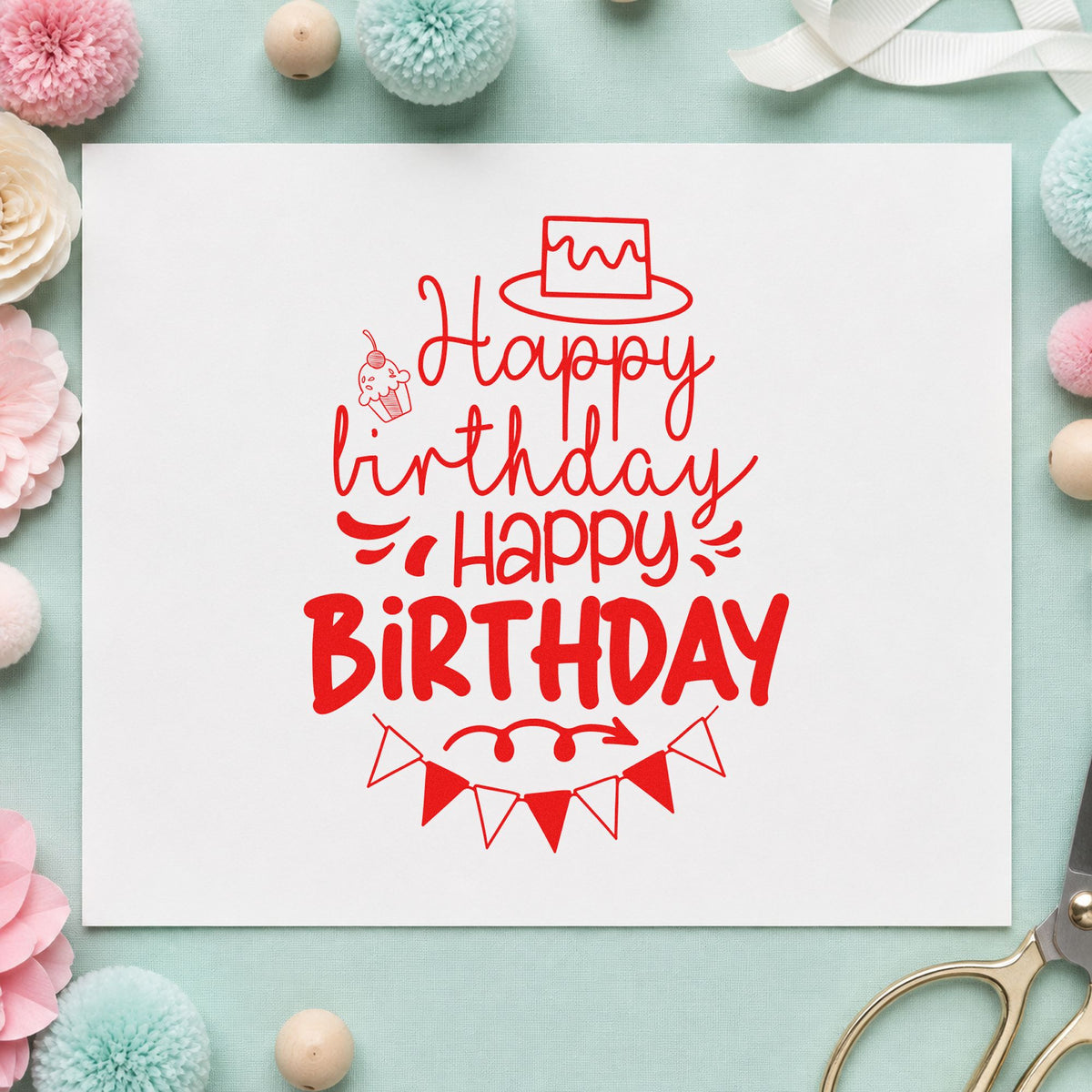 Repeated Birthday Cake Bunting craft stamp imprint in red ink on a handmade project, one idea being guest book cards.
