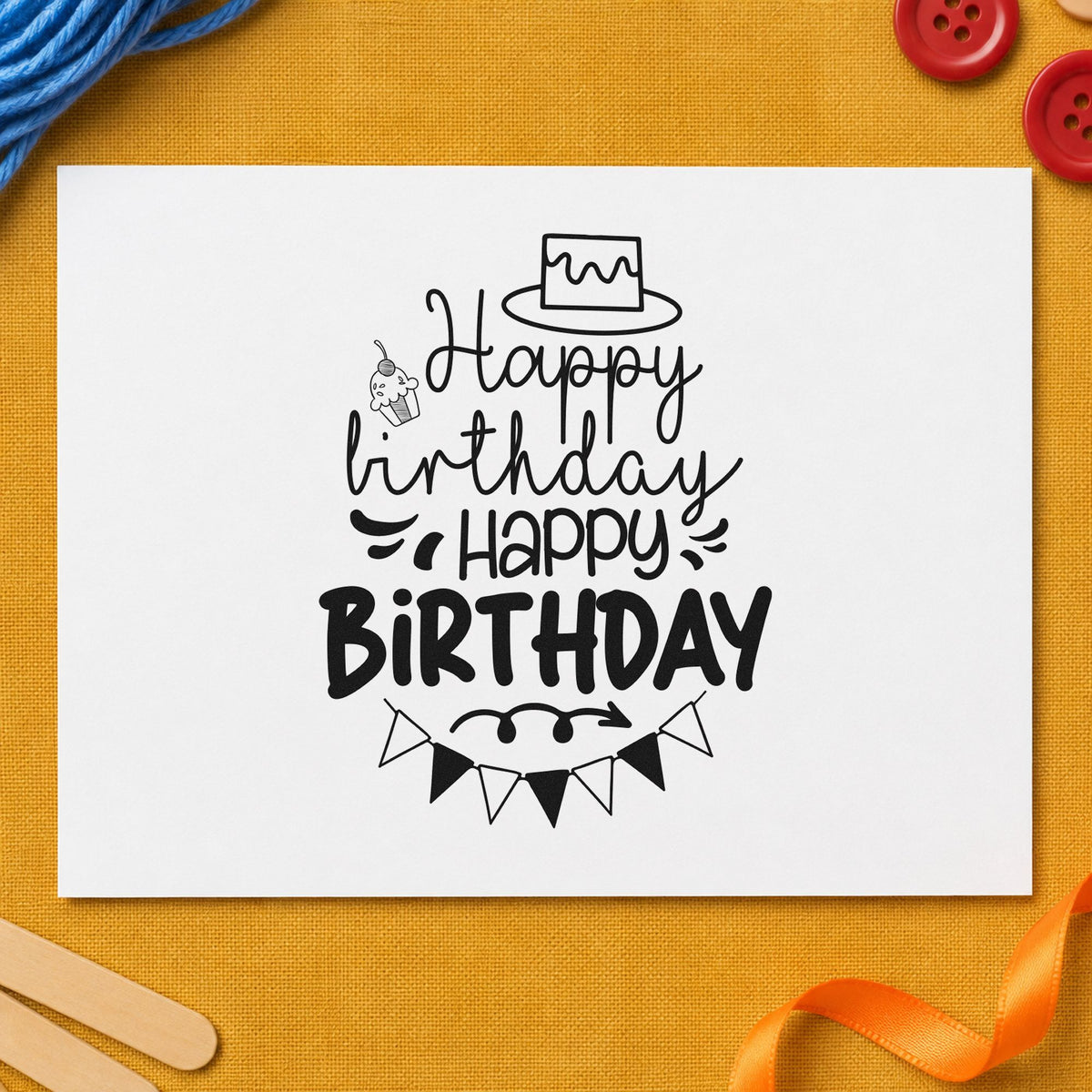 Repeated Birthday Cake Bunting rubber stamp printed in black ink, ready for decorative mark cards and similar paper crafts.