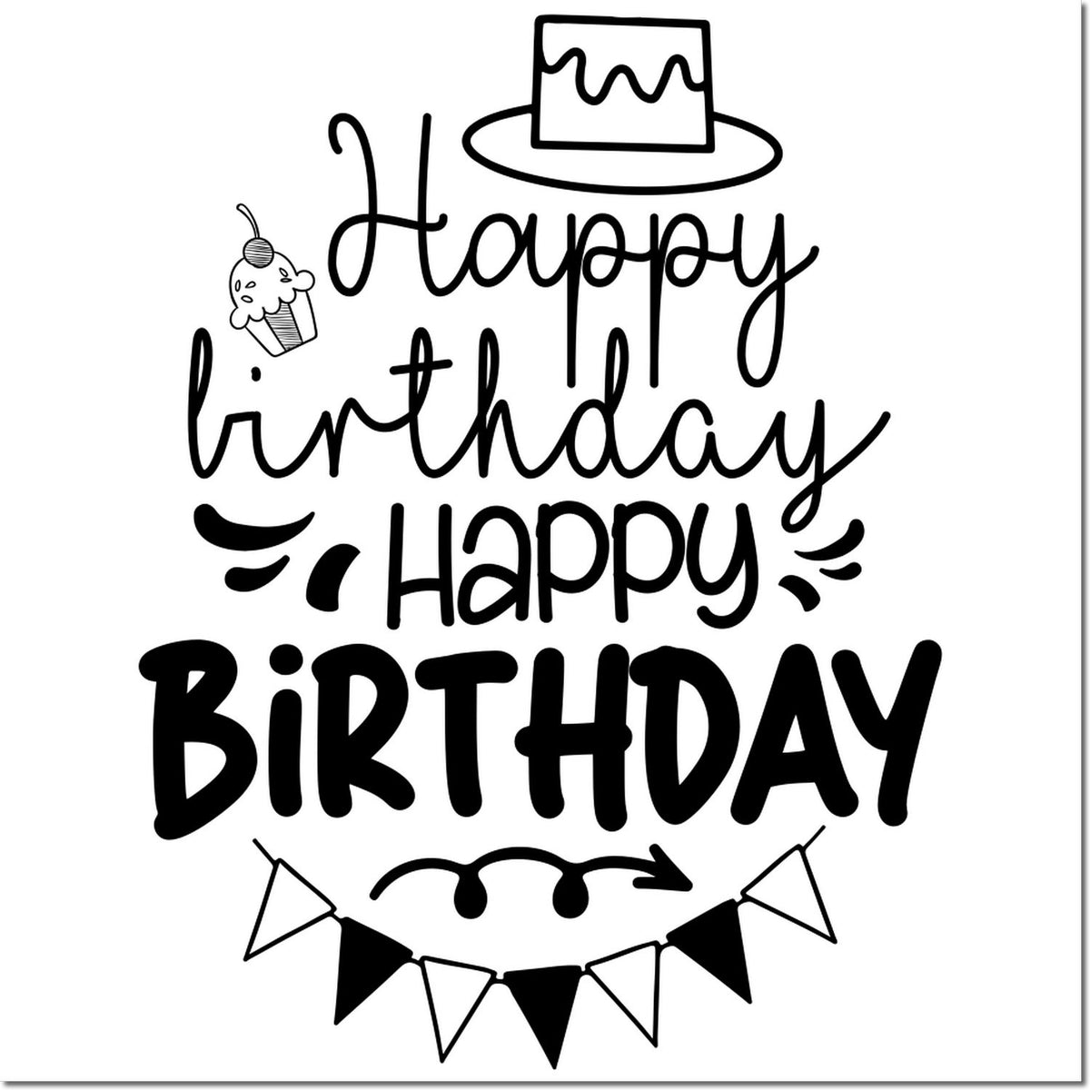 Black-and-white Happy Birthday stamp design with cake, cupcake, and bunting for greeting card seals.