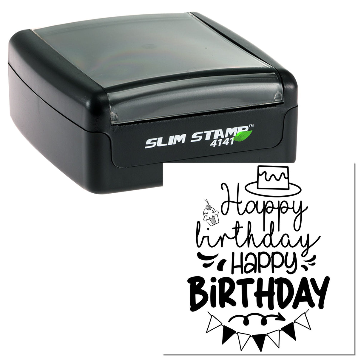 Black self-inking stamp and matching birthday seal with Happy Birthday in black script, cupcake, and bunting accents.