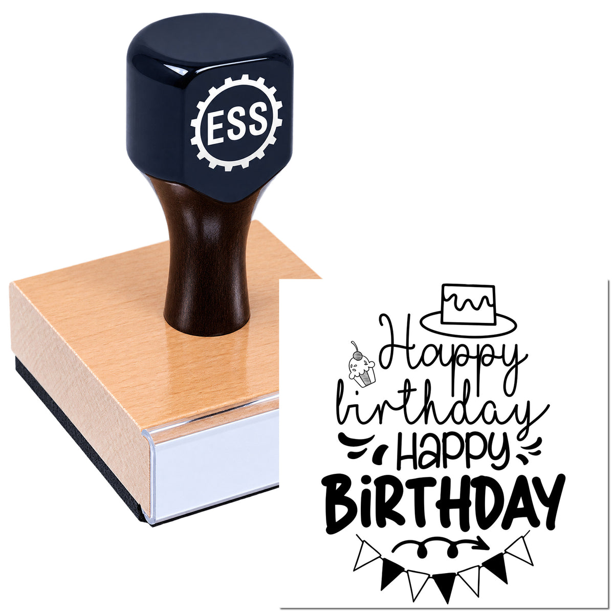 Black ESS stamp on a pink seal pad with a Happy Birthday design, cake icon, bunting, and bold black lettering.
