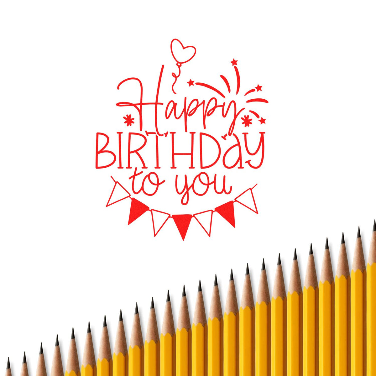 Red Happy Birthday stamp and seal design with heart balloon, bunting, fireworks, and yellow pencils.