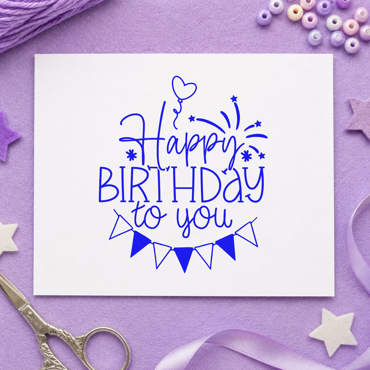 Birthday To You Fireworks craft stamp in blue ink on cardstock, an easy option for wrap cloth printing.