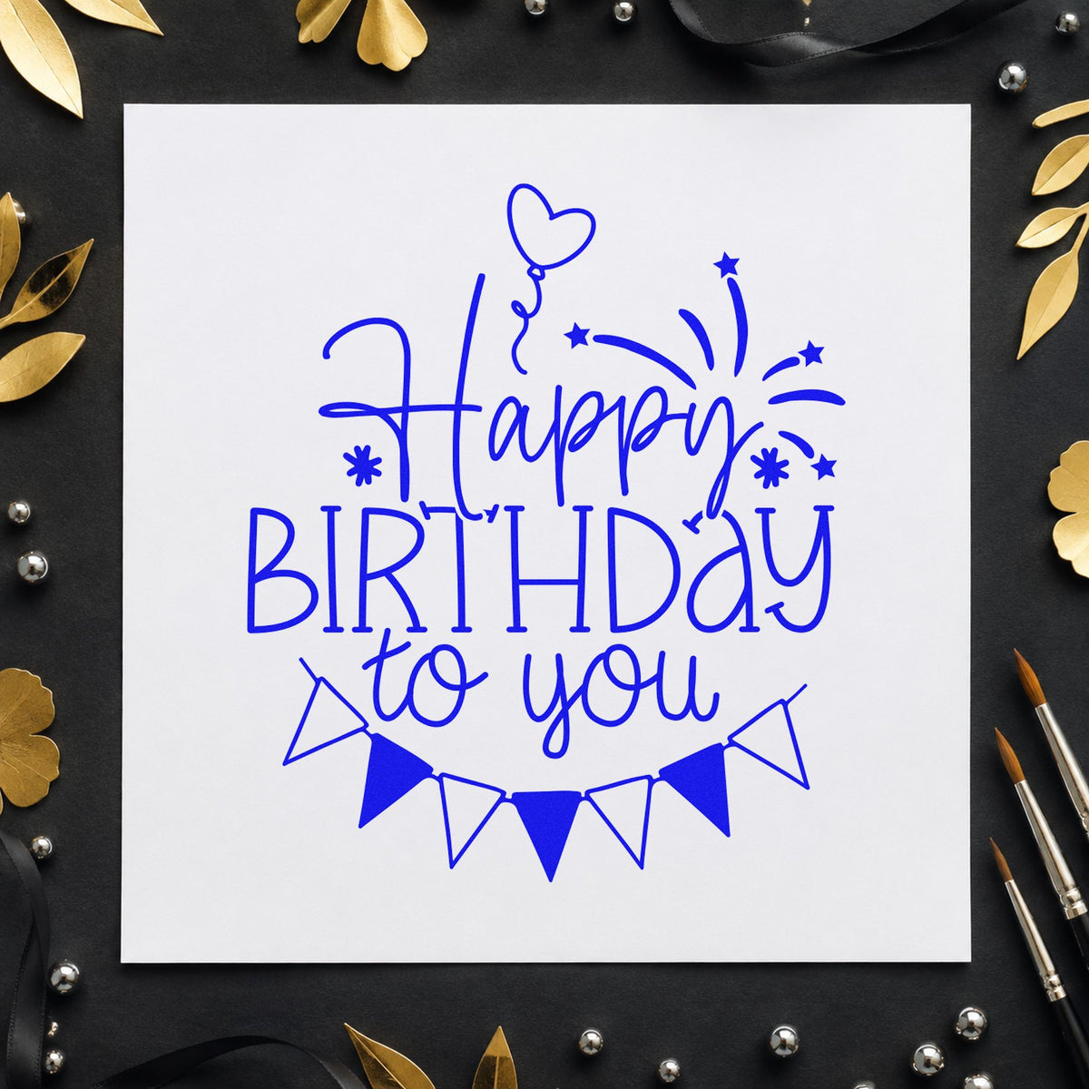 Birthday To You Fireworks craft stamp imprinted in blue ink on paper, a design suited to framed desk shelf.