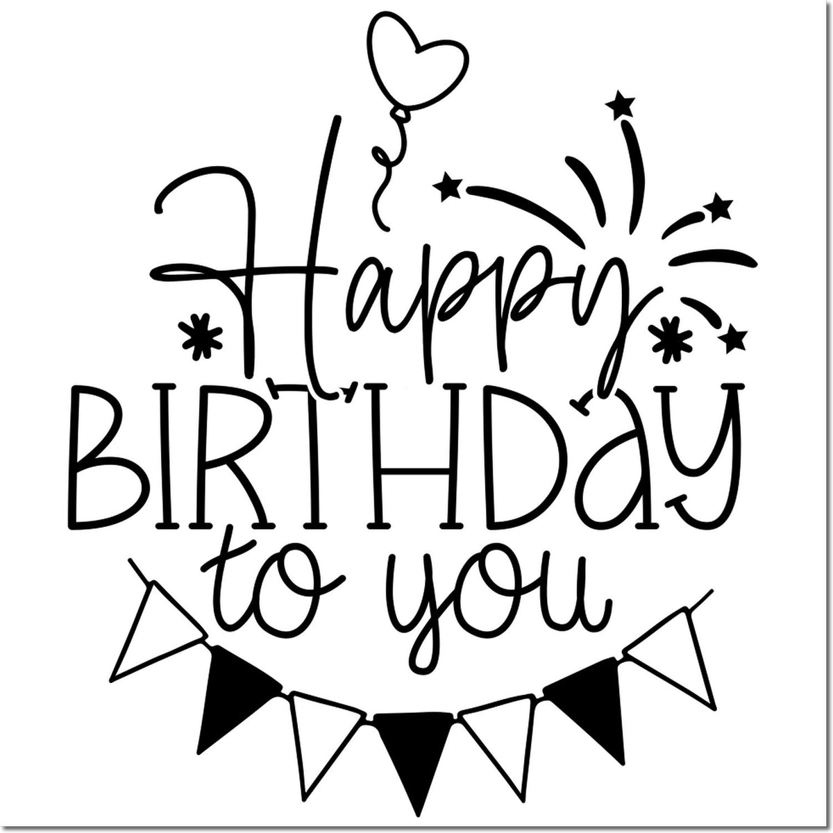 Black birthday stamp/seal design with heart balloon, stars, bunting, and Happy Birthday to you lettering.