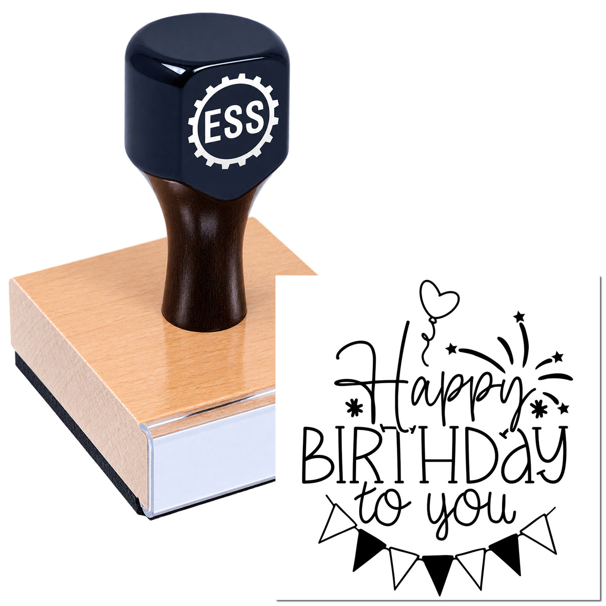 Navy ESS rubber stamp on wooden block next to black Happy Birthday to you seal design