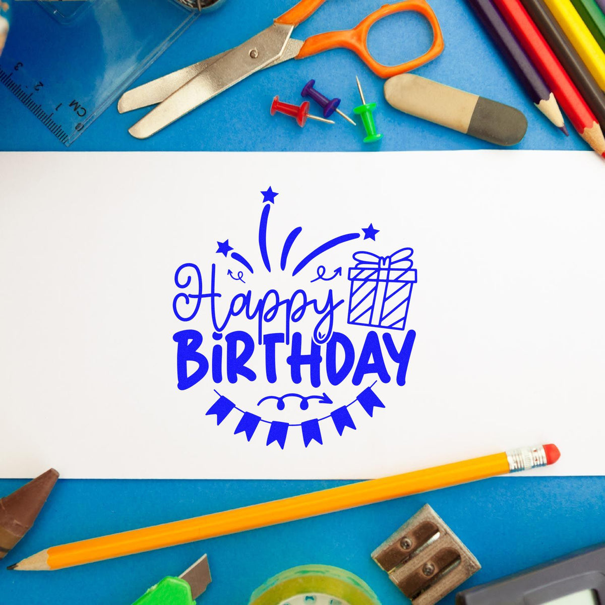 Happy Birthday Gift Bunting rubber stamp shown in blue ink, stamped for projects such as shop year album page.