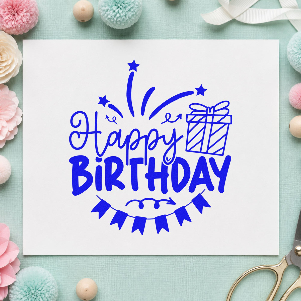 Happy Birthday Gift Bunting craft stamp imprinted in blue ink on paper, a design suited to framed front window.