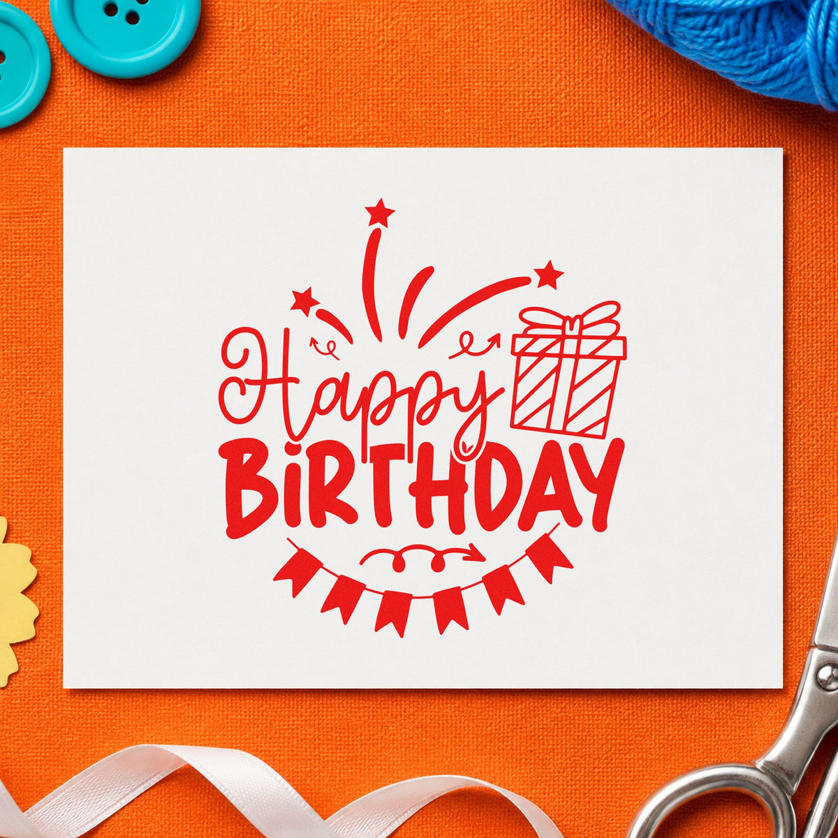 Happy Birthday Gift Bunting craft stamp imprint in red ink on a handmade project, one idea being free tag cards.