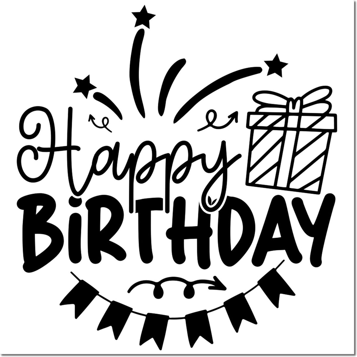 Black Happy Birthday rubber stamp design with gift, stars, and bunting on white background