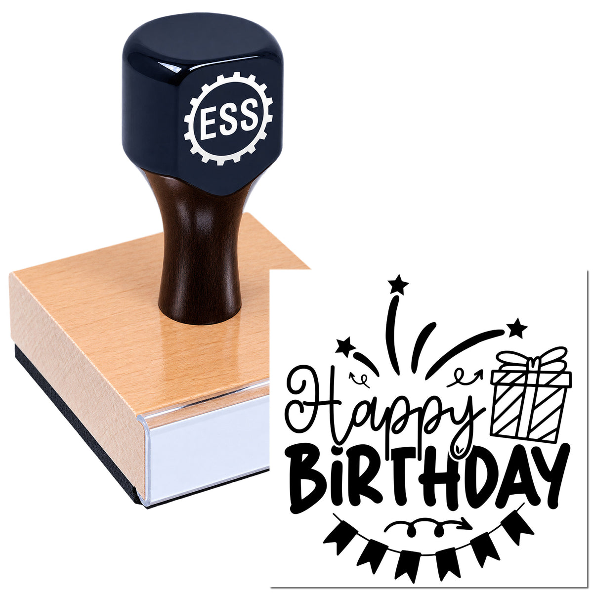 Black ESS rubber stamp on a wooden block, showing a Happy Birthday seal design with stars and gift icon on white background.