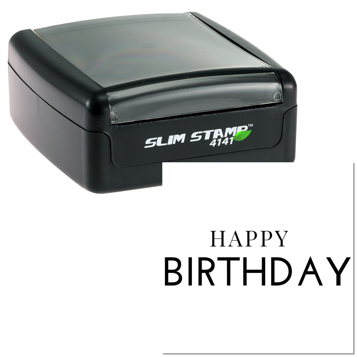 Black Slim Stamp 4141 self-inking stamp and seal with Happy Birthday imprint on white card.