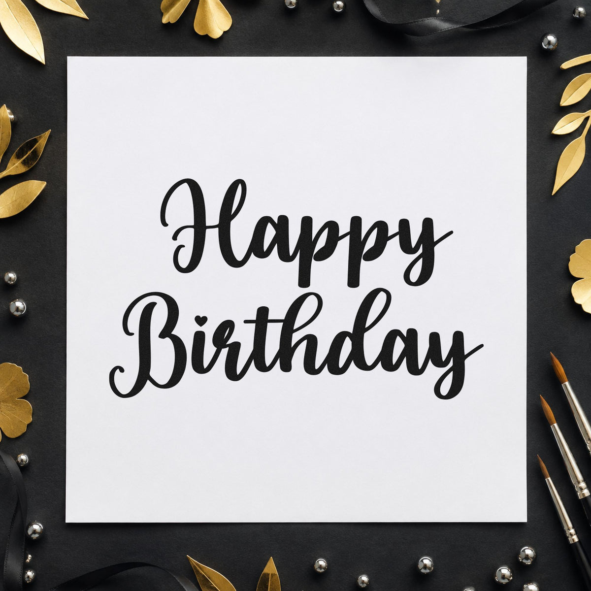 Happy Birthday Bold Script rubber stamp printed in black ink, ready for stock count sheet and similar paper crafts.