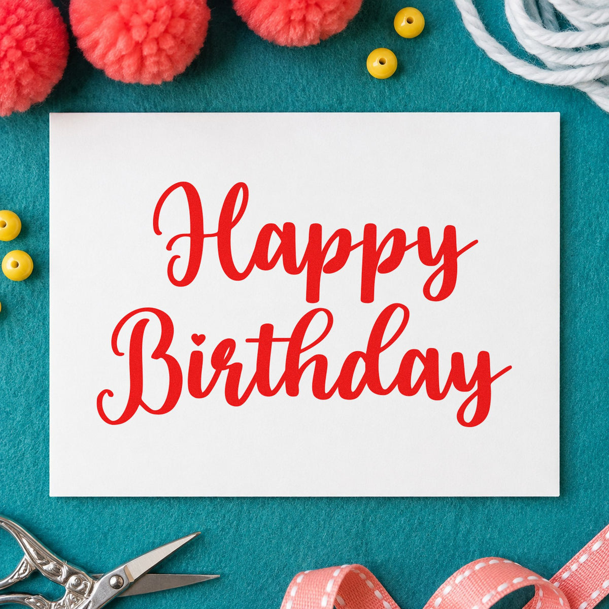 Happy Birthday Bold Script rubber stamp shown in red ink, stamped for projects such as drawer blank labels.