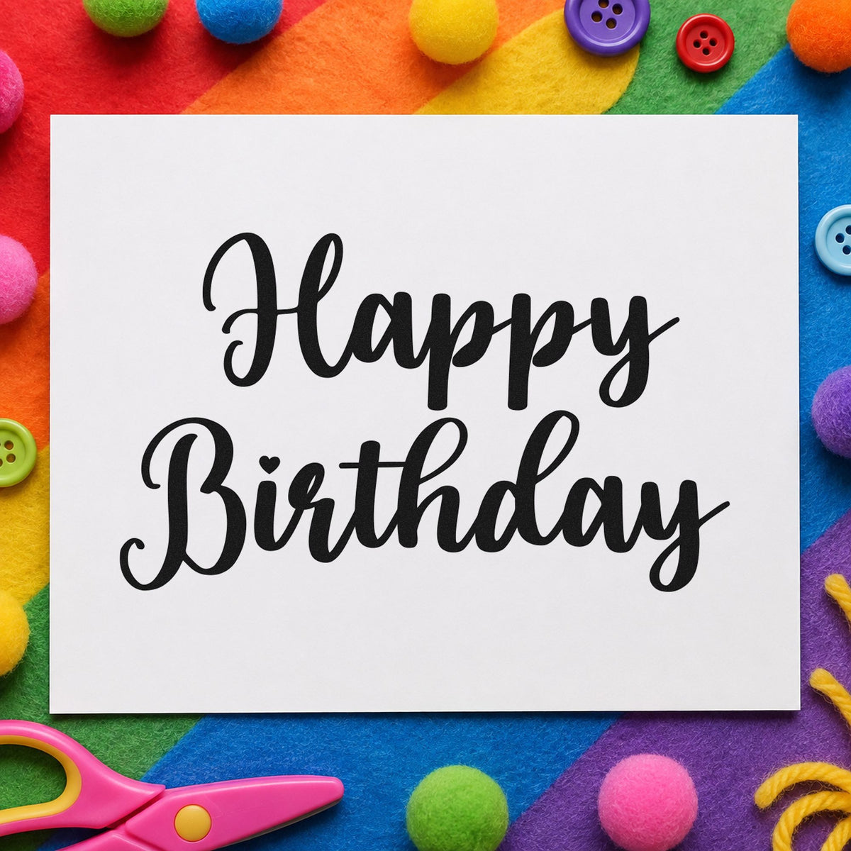 Happy Birthday Bold Script rubber stamp printed in black ink, ready for thick script cards and similar paper crafts.
