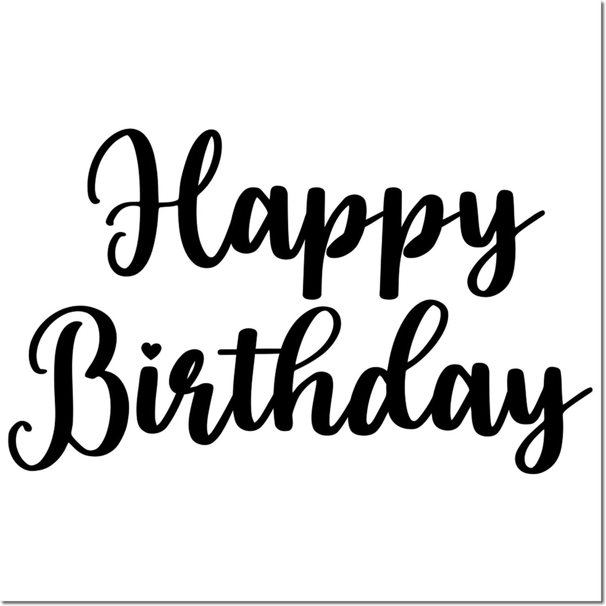 Black scripted Happy Birthday stamp and seal design on a white background with a small heart accent.