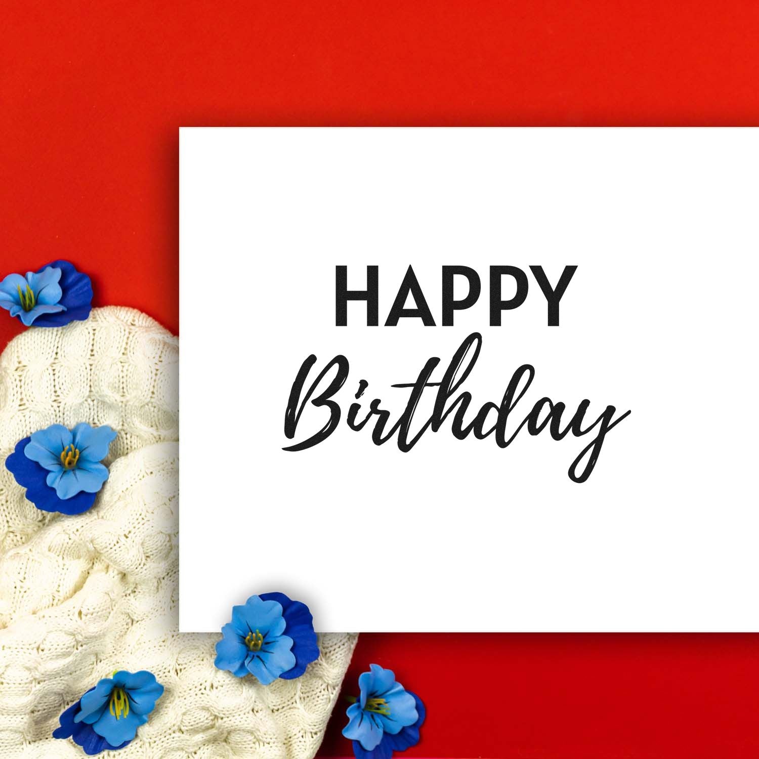 Happy Birthday stamp and seal design on white card with black text, red background, cream knit, and blue flowers.