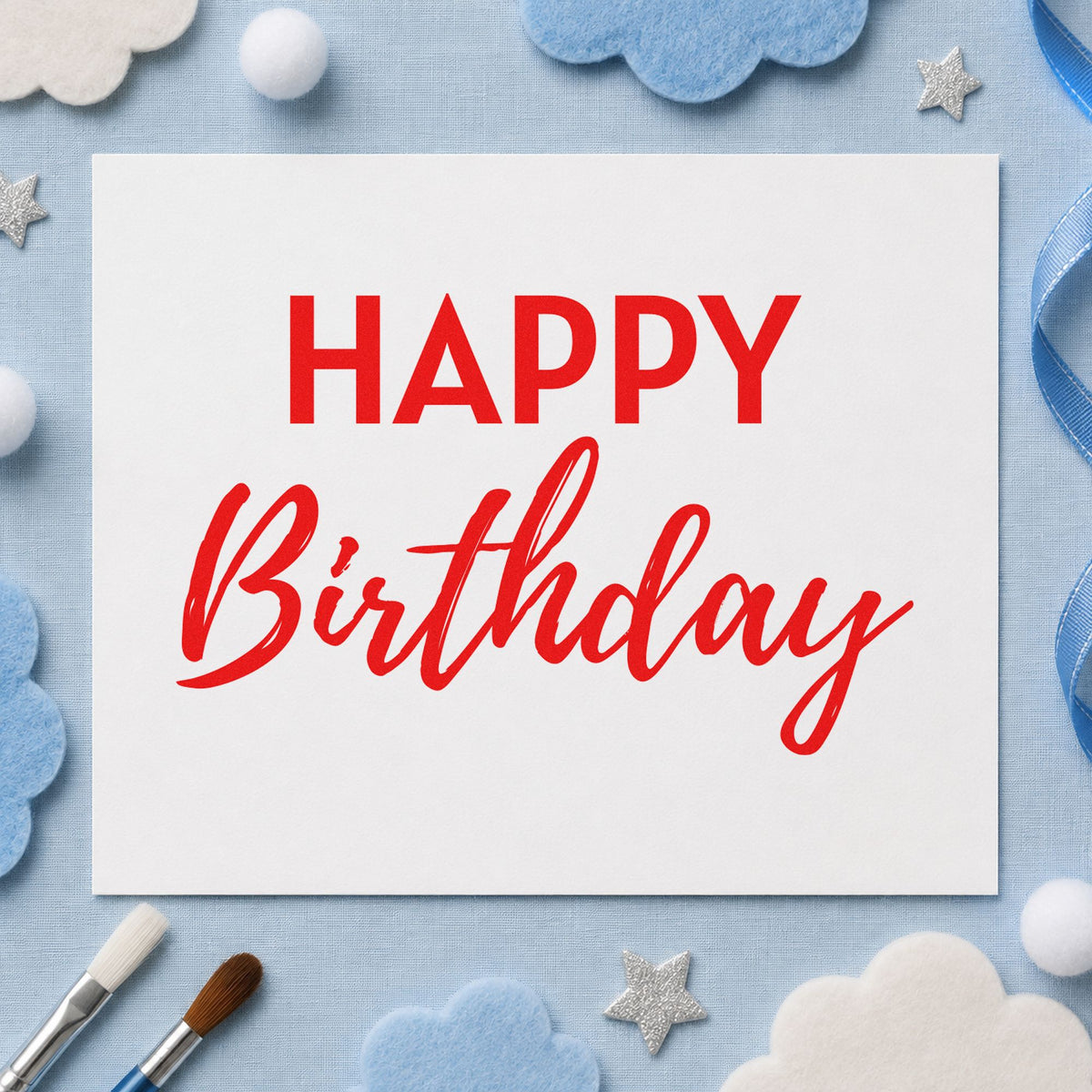 Happy Birthday Bold Contrast rubber stamp shown in red ink, stamped for projects such as bin item labels.