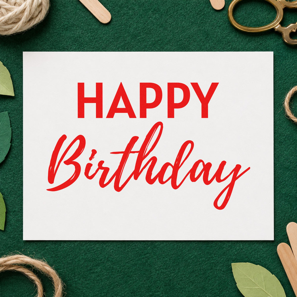 Happy Birthday Bold Contrast craft stamp imprint in red ink on a handmade project, one idea being contents note cards.