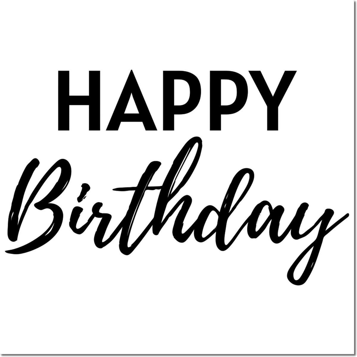 Black Happy Birthday stamp and seal design with bold uppercase and script lettering on a white background