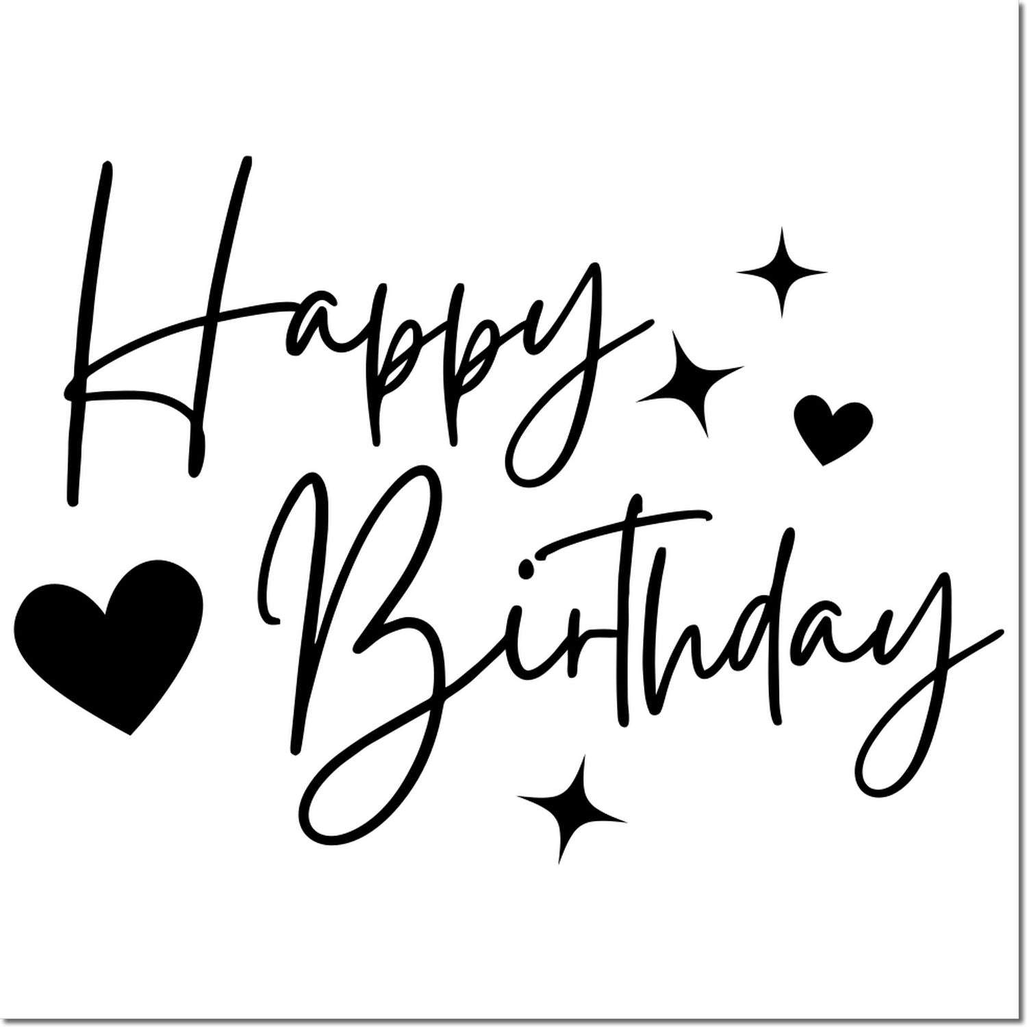 Black Happy Birthday stamp design with hearts and sparkles on a white background.