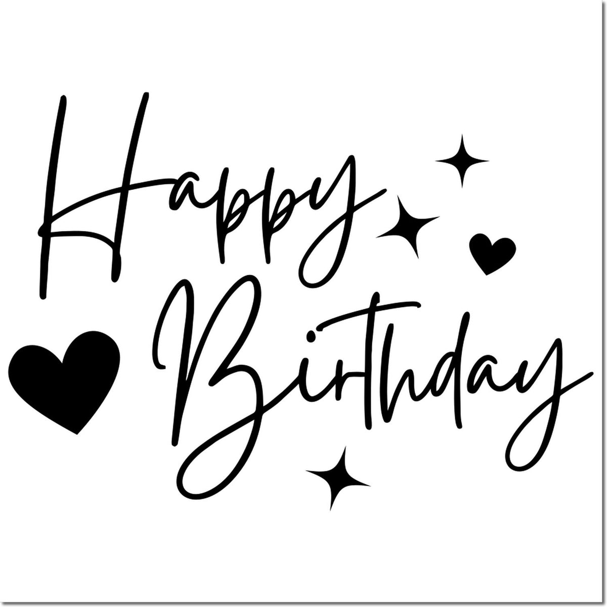 Black Happy Birthday stamp design with hearts and sparkle seals on a white background.
