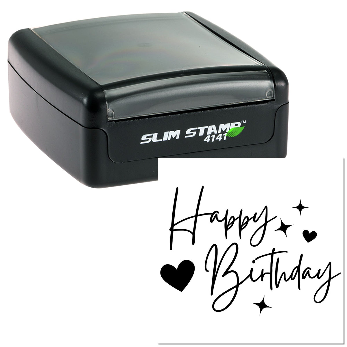 Black Slim Stamp self-inking seal with gray lid, displaying a Happy Birthday imprint with hearts and sparkles.