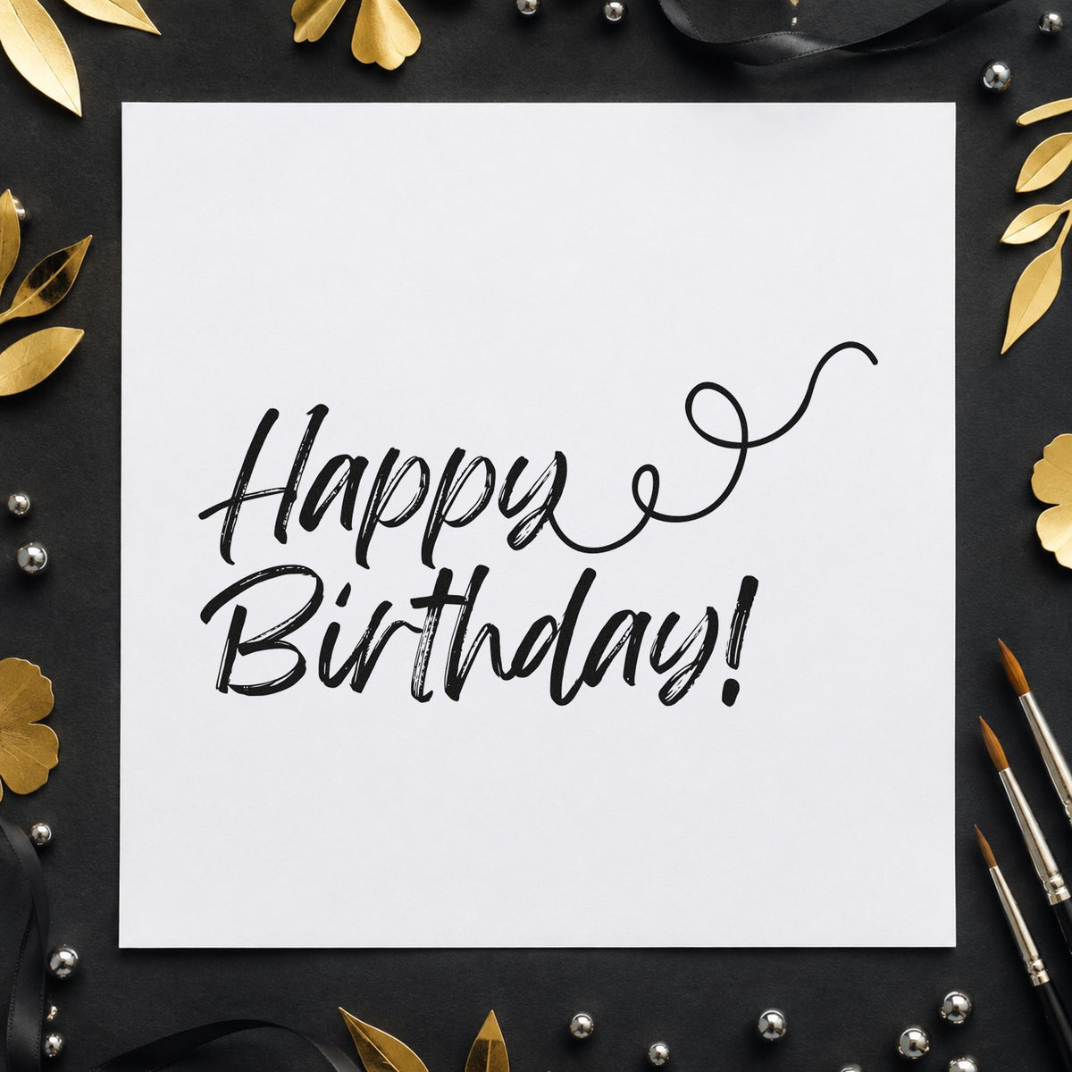 Happy Birthday Curl Flourish craft stamp in black ink on cardstock, an easy option for journal year album page.