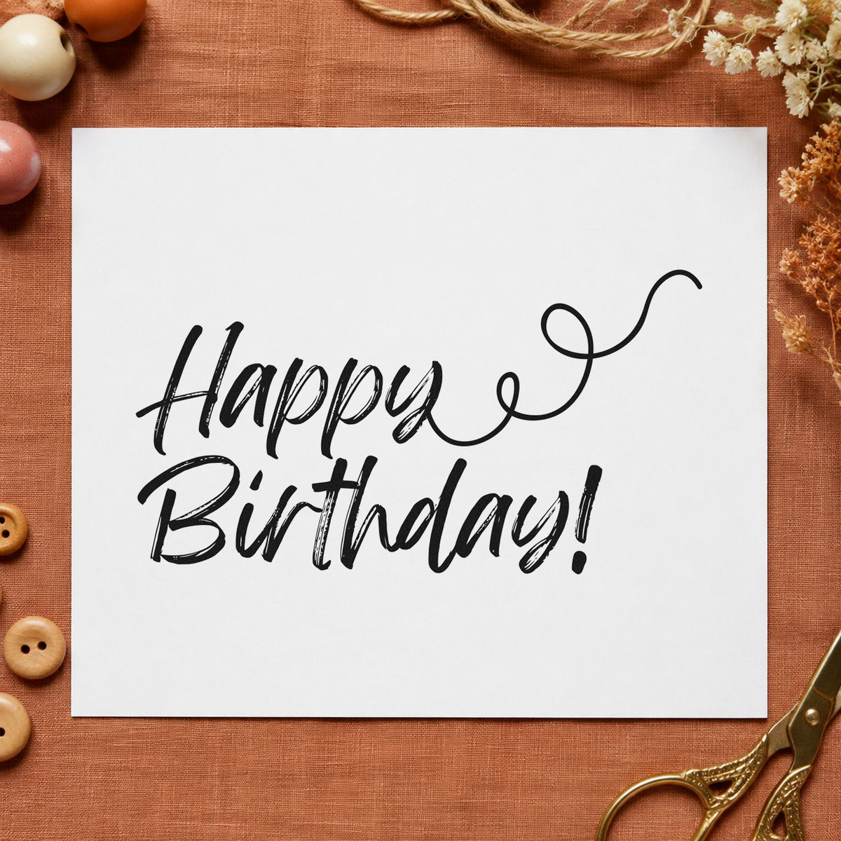 Happy Birthday Curl Flourish rubber stamp printed in black ink, ready for birthday spread sheet and similar paper crafts.