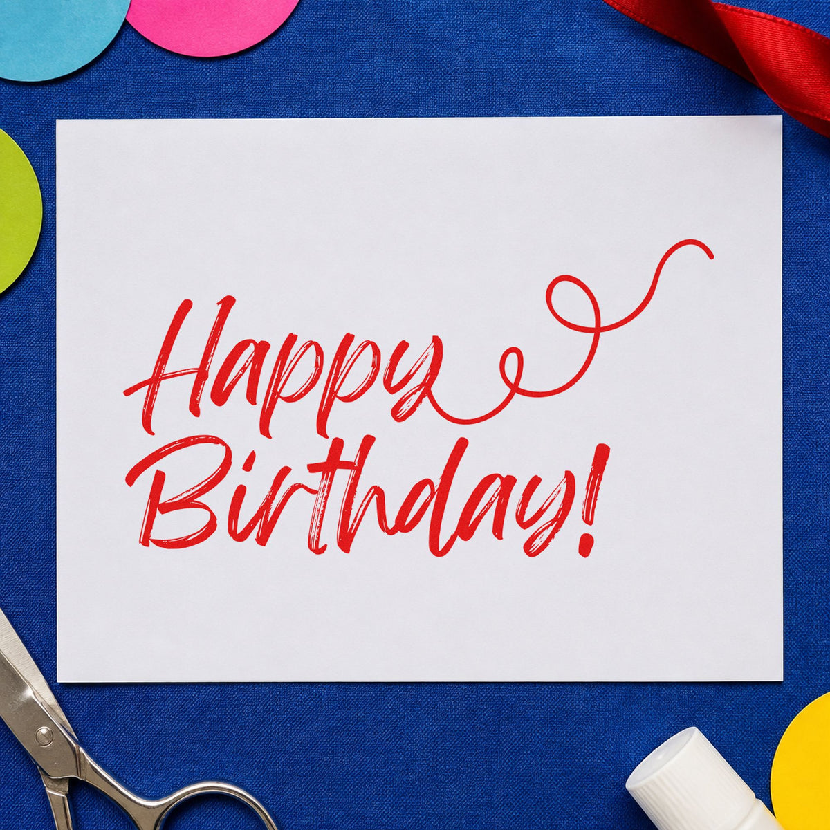 Happy Birthday Curl Flourish rubber stamp shown in red ink, stamped for projects such as drawer supply labels.