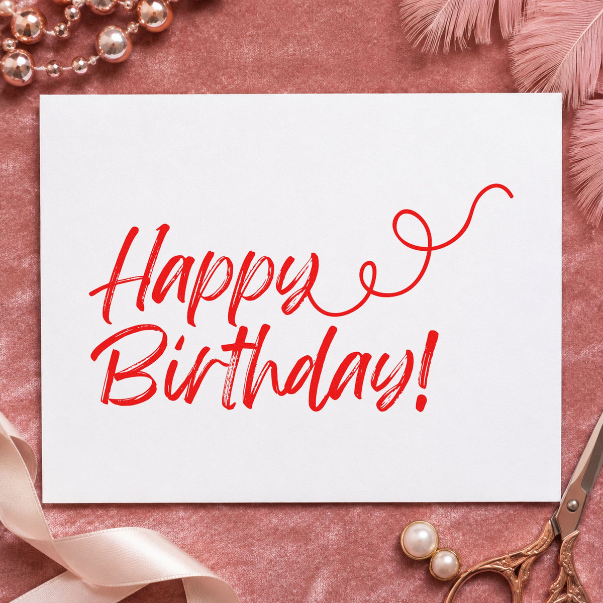 Happy Birthday Curl Flourish craft stamp imprint in red ink on a handmade project, one idea being layout idea cards.