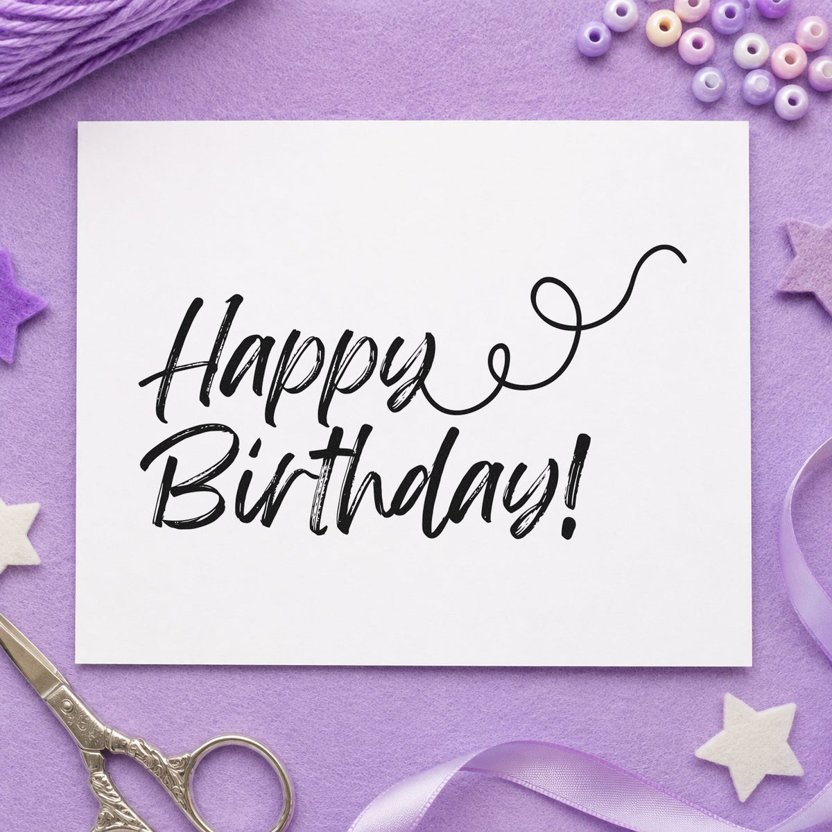 Happy Birthday Curl Flourish rubber stamp printed in black ink, ready for looping flourish cards and similar paper crafts.