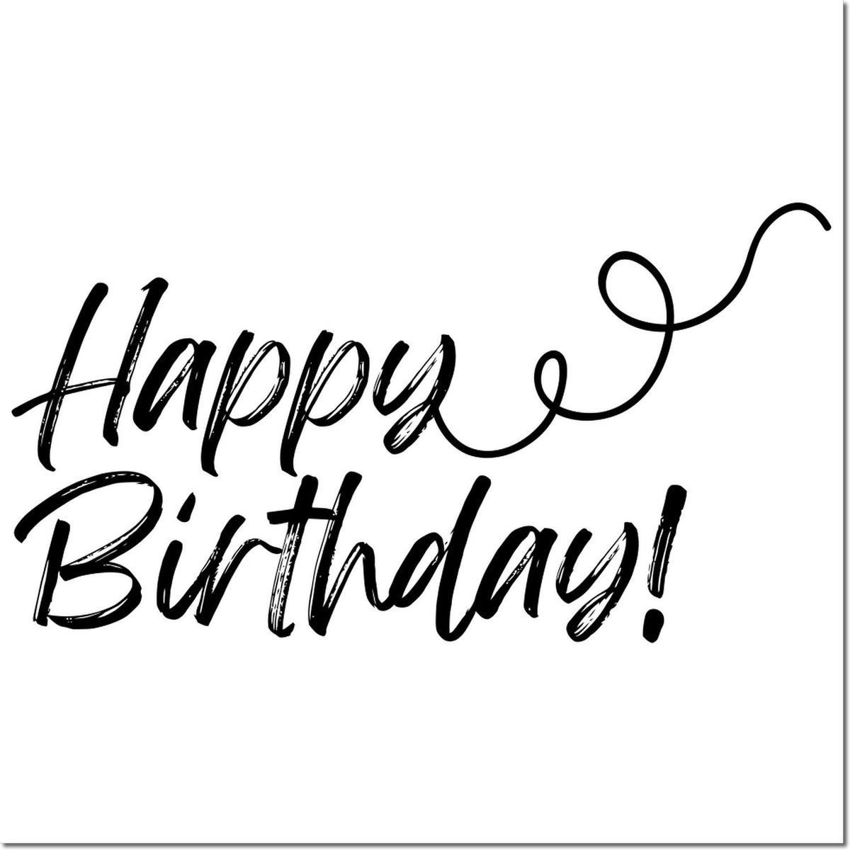 Black Happy Birthday! script stamp with curling flourish on white background, ideal for seal products.